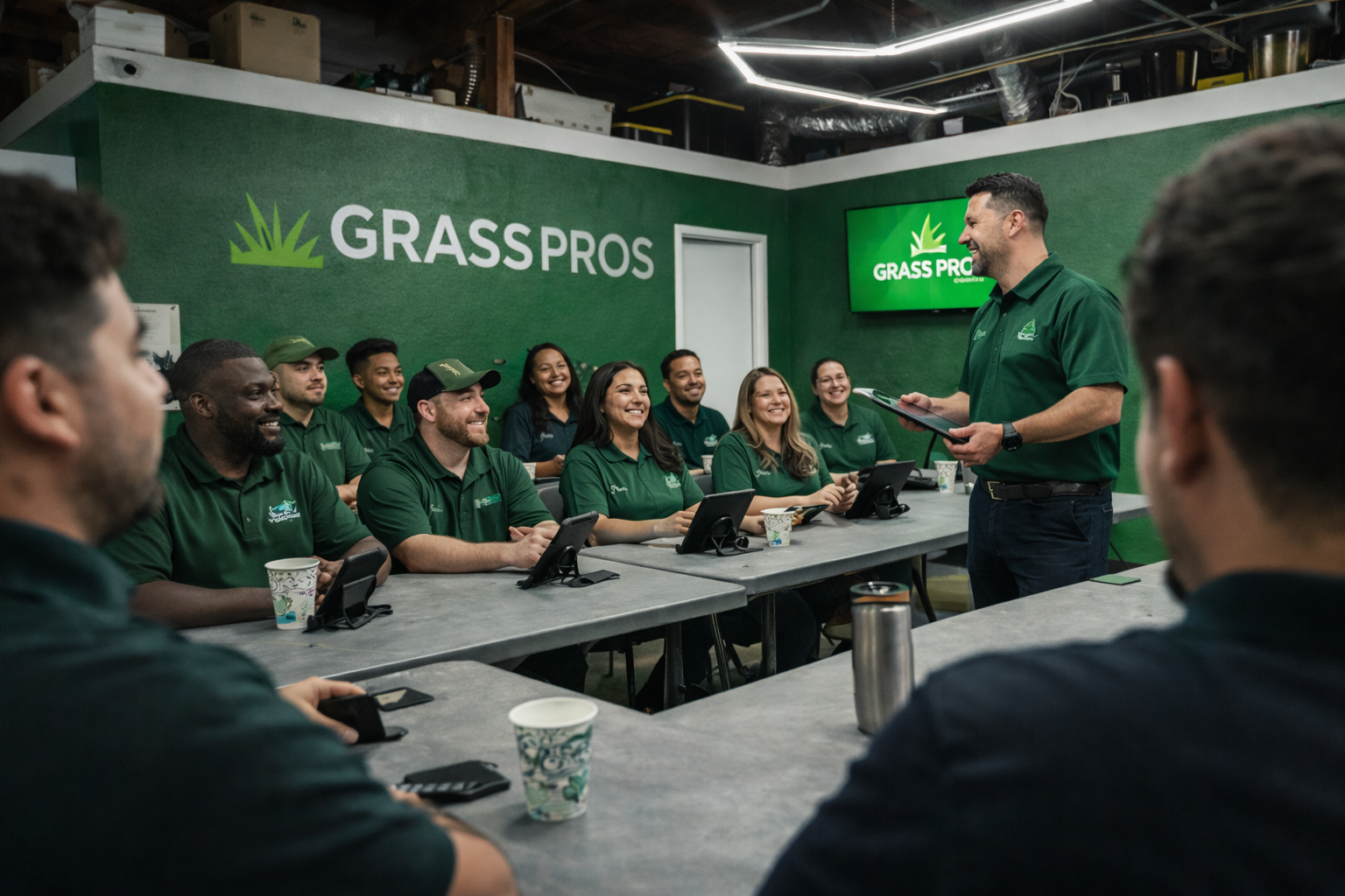 Service company team meeting and training session