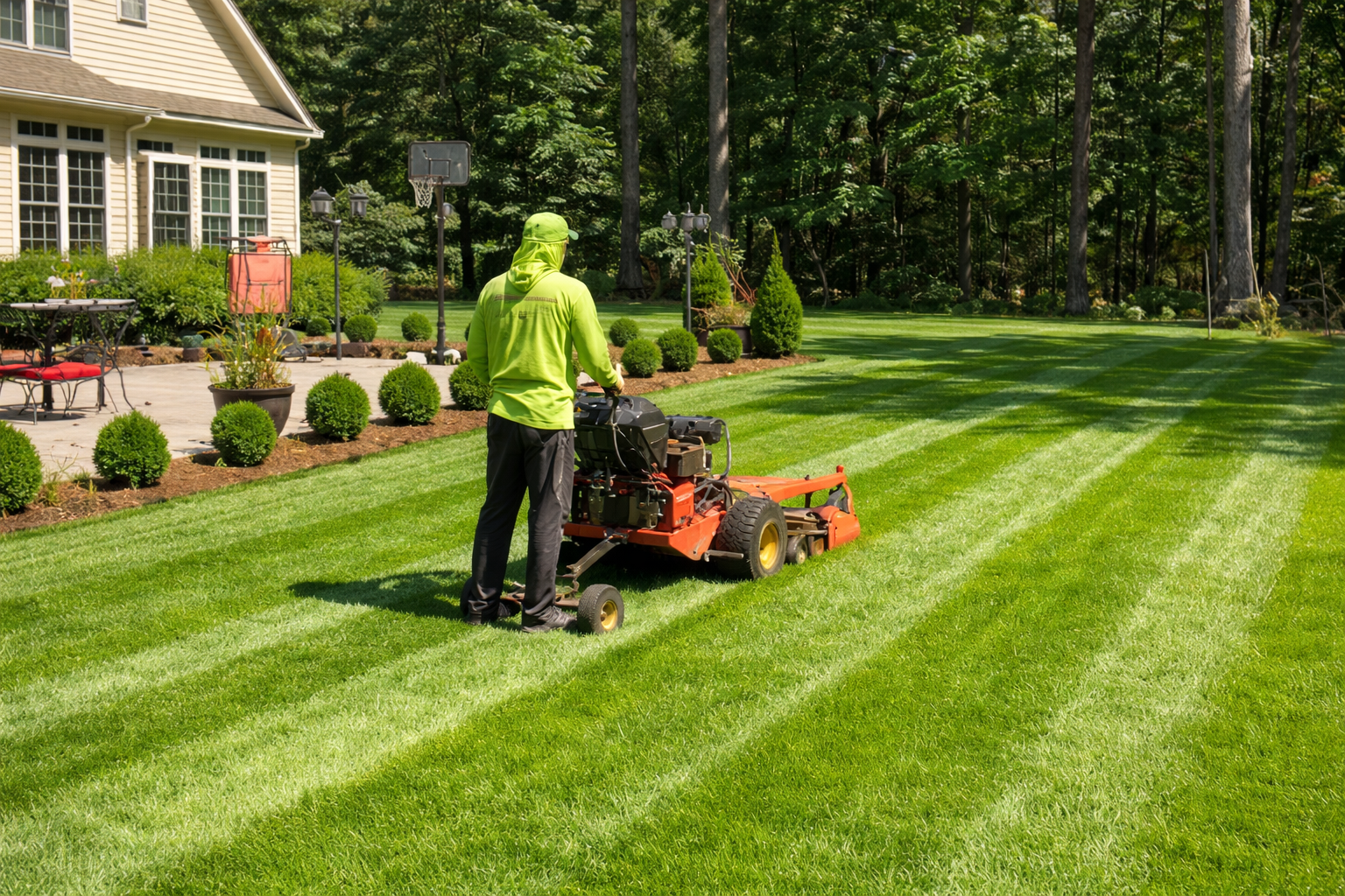 Lawn care crew servicing a property